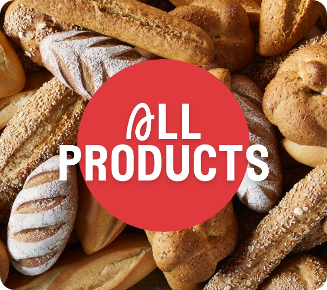 Text saying all products with a pile of artisan breads behind the text