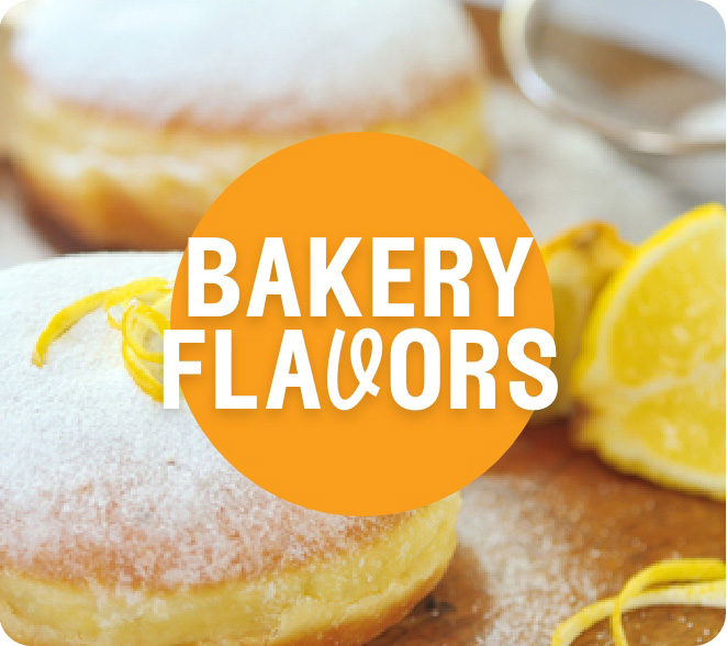 Text saying bakery flavors with a image of a lemon sugared donut behind the text