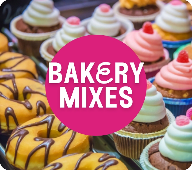 Text saying bakery mixes with a selection of donuts and cupcakes behind the text