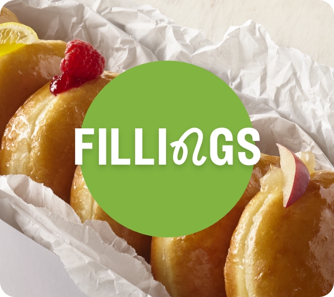 Text saying fillings with a row of glazed and filled donuts behind the text