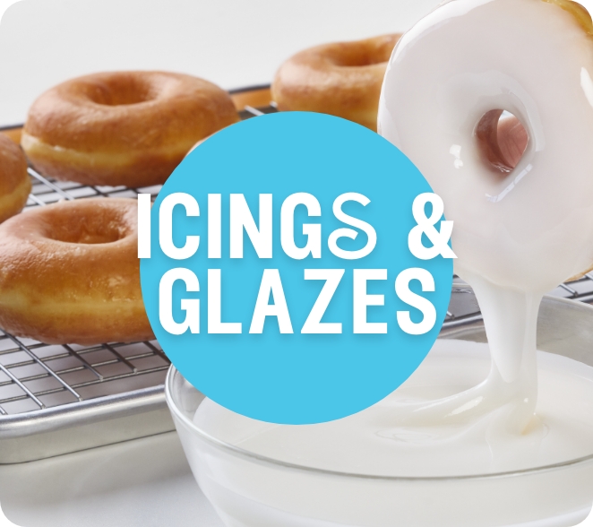 Text saying icinigs and glazes with an image of a donut being glazed in white icing behind the text