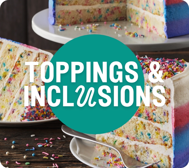 Text saying all toppings and inclusions with sliced white, pink, blue, and purple confetti cake behind the text