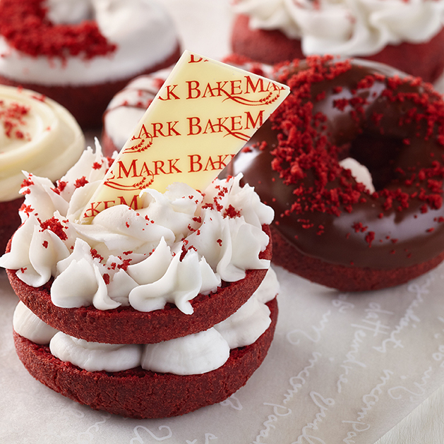 Red velvet donut sandwich with BakeMark white chocolate