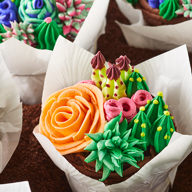 cupcakes decorated with frosting in the shape of succulants