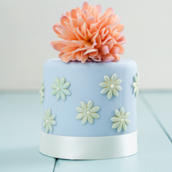 Cake decorated with blue fondant, white flowers and a pink topping