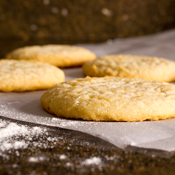 Sugar cookies dusted with sugar on parchment paper