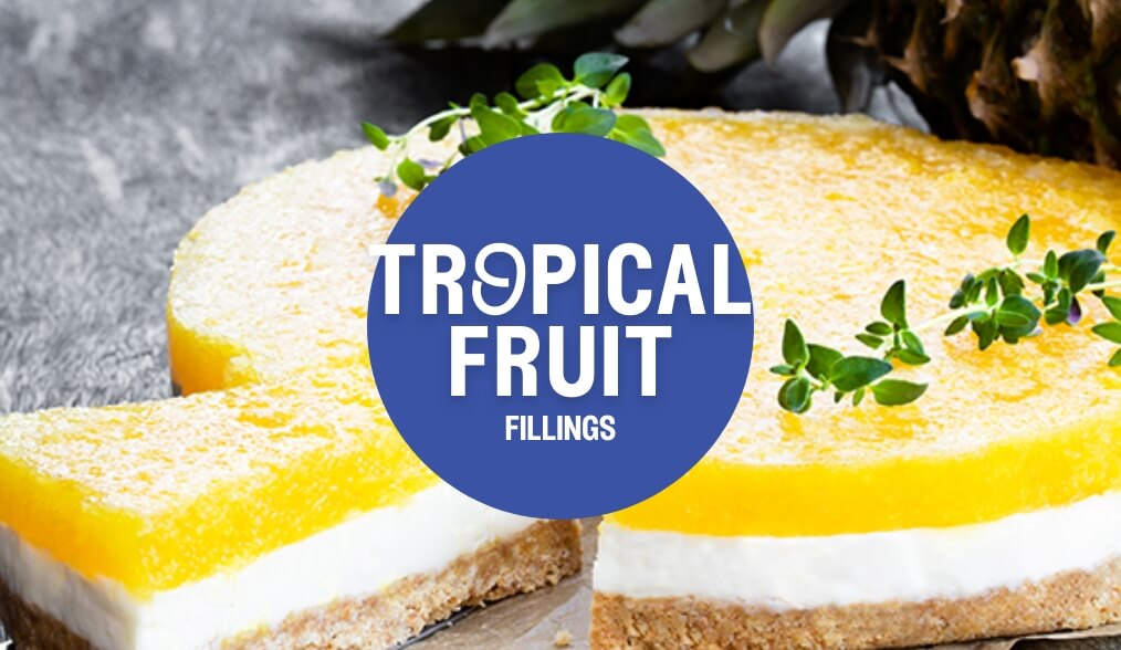 Text saying tropical fruit fillings with an image of a yellow fruit pie behind the text