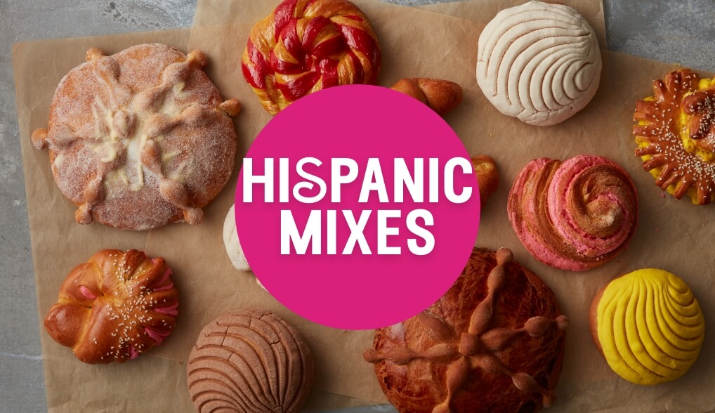 Text saying hispanic mixes with an image of a selection of hispanic desserts behind the text