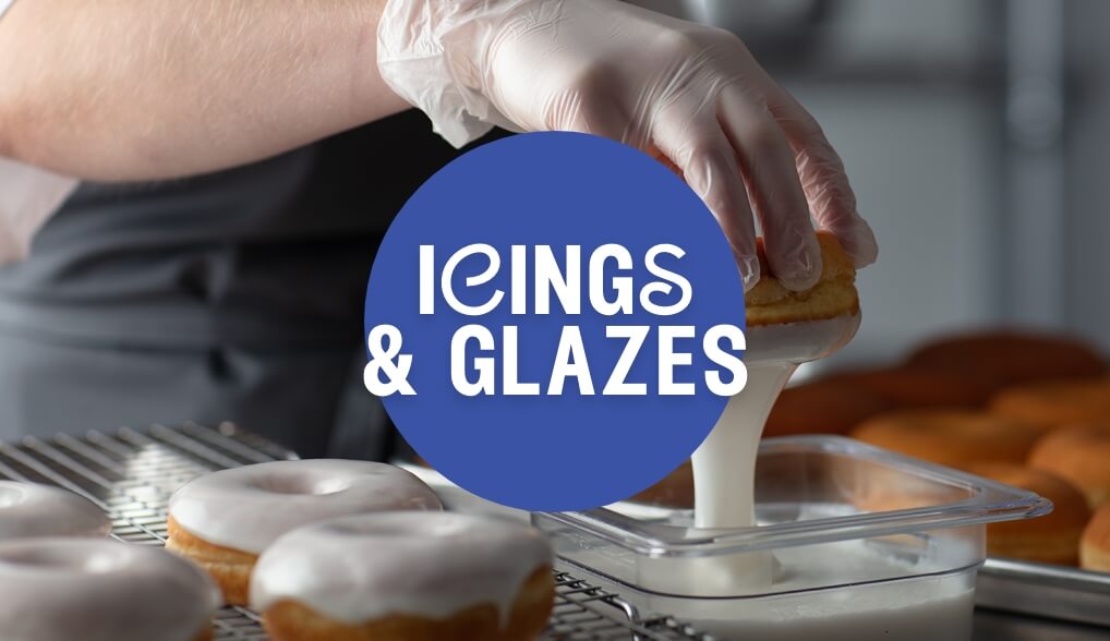 Text saying icinigs and glazes with an image of a donut being glazed in white icing behind the text