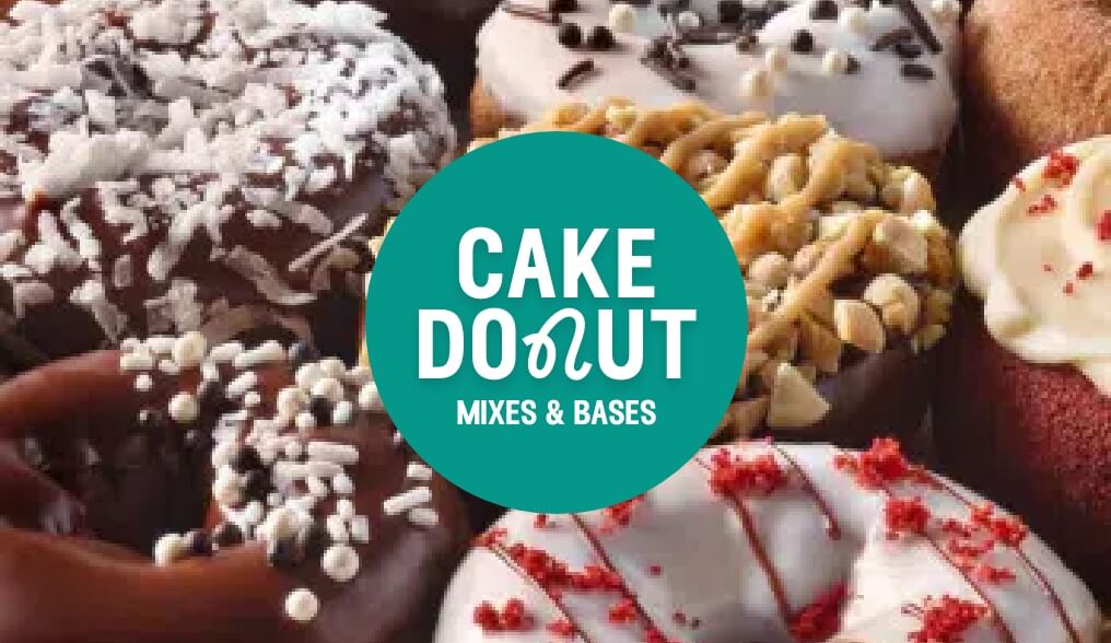 Text saying cake donut mixes & bases with a selection of iced donuts behind the text