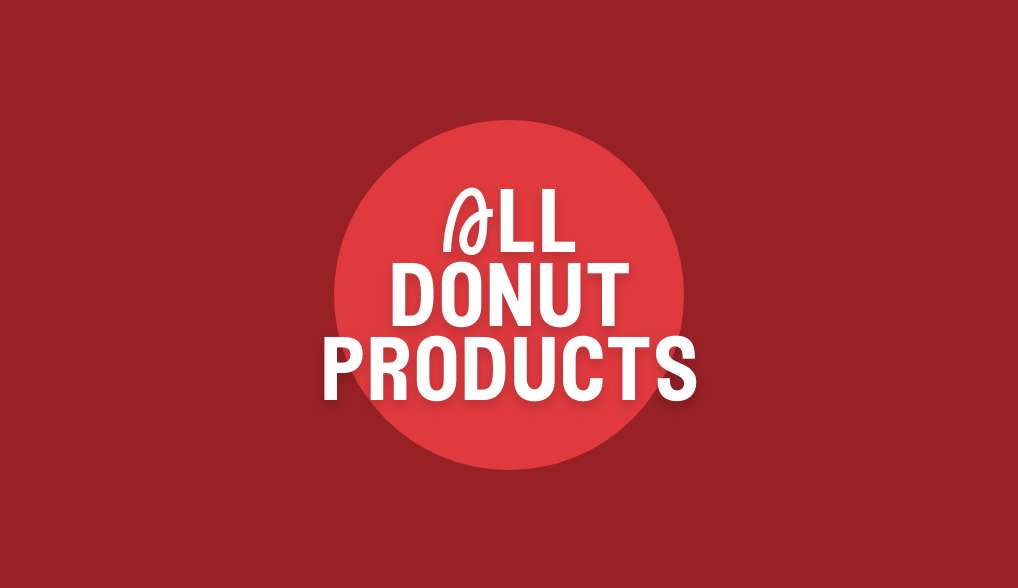 White text saying all donut products with a red background